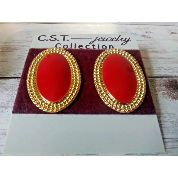 Perfect Condition 1980s Vintage Red Oval Enamel Pierced Work Earrings - Picture 1 of 4